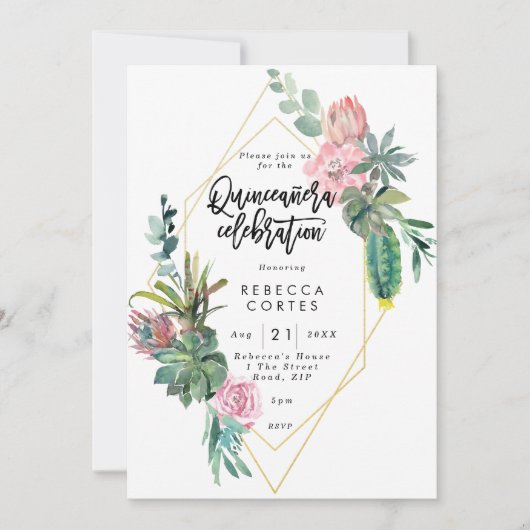 Quinceanera 15e verjaardag cactus geometrisch kaart (Voorkant)