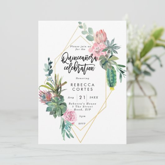 Quinceanera 15e verjaardag cactus geometrisch kaart (Staand voorkant)