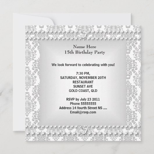 Quinceanera 15e verjaardag Damask Silver White Kaart (Achterkant)