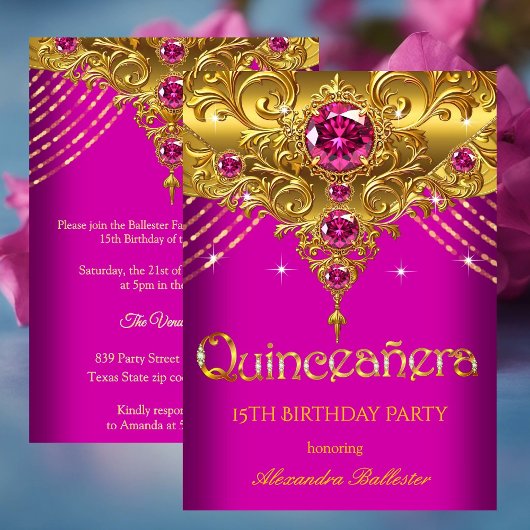 Quinceanera 15e verjaardag Exotic Fuchsia Pink Gol Kaart
