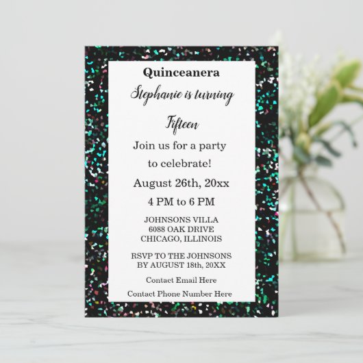 Quinceanera 15e verjaardag Glitter Black Multicolo Kaart (Staand voorkant)