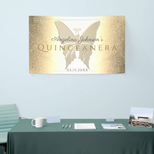 Quinceanera 15e verjaardag Glitter Gouden Vlinder Spandoek (Beurs)