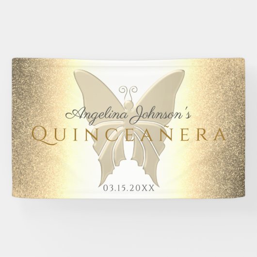 Quinceanera 15e verjaardag Glitter Gouden Vlinder Spandoek (Horizontaal)