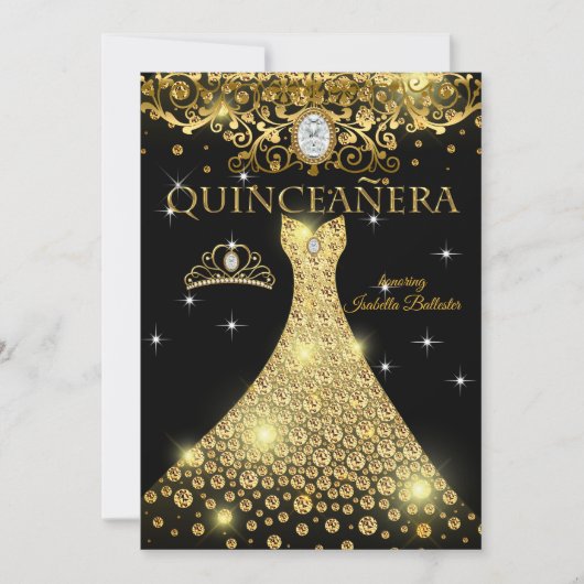 Quinceanera 15e verjaardag Gold Black Tiara Kaart (Voorkant)