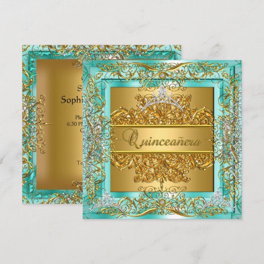 Quinceañera 15e verjaardag Gold Blauwgroen Silver  Kaart (Voorkant / Achterkant)