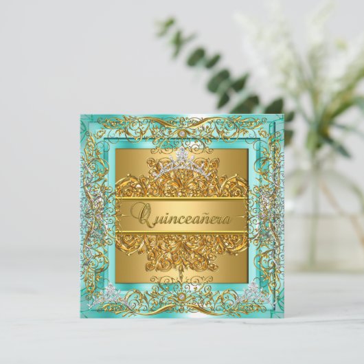 Quinceañera 15e verjaardag Gold Blauwgroen Silver  Kaart (Staand voorkant)