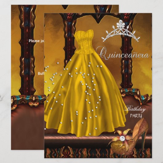 Quinceanera 15e verjaardag Gold Dress Kaart (Voorkant / Achterkant)