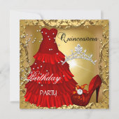 quinceanera 15e verjaardag Gold Red Dress Kaart (Voorkant)