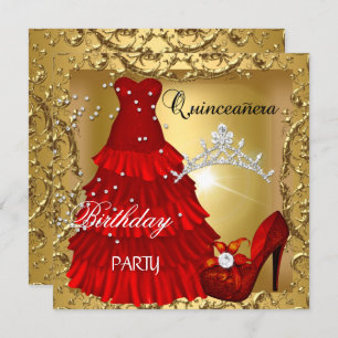 quinceanera 15e verjaardag Gold Red Dress Kaart