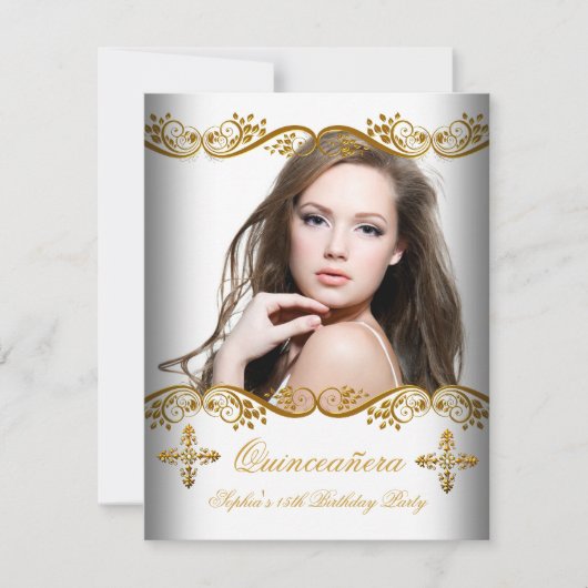 Quinceañera 15e verjaardag Gold White foto Kaart (Voorkant)