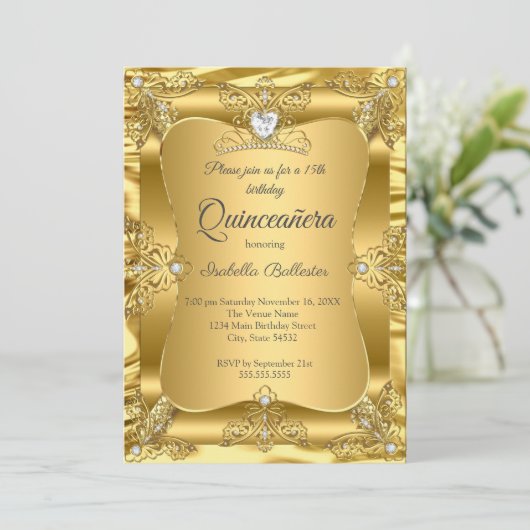 Quinceanera 15e verjaardag Gouden Pareltjes Tiara Kaart (Staand voorkant)