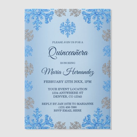 Quinceañera 15e verjaardag Ice Blue Sneeuwvlok Vellum Uitnodigingen (Voorkant)