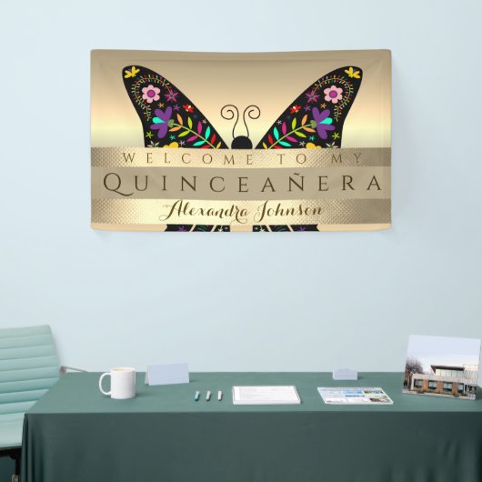 Quinceanera 15e Verjaardag Kleurrijke Vlinder Spandoek (Beurs)