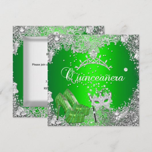 Quinceanera 15e verjaardag Limoen Silver Mask Tiar Kaart (Voorkant / Achterkant)