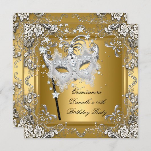 Quinceanera 15e verjaardag Masquerade Mask Gold Kaart (Voorkant / Achterkant)