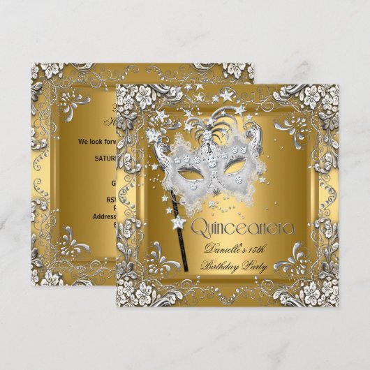 Quinceanera 15e verjaardag Masquerade Zilver Goud Kaart (Voorkant / Achterkant)