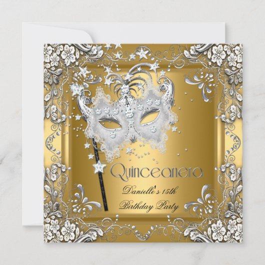 Quinceanera 15e verjaardag Masquerade Zilver Goud Kaart (Voorkant)