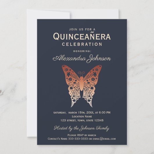 Quinceanera 15e verjaardag Navy en Roos Gold Kaart (Voorkant)