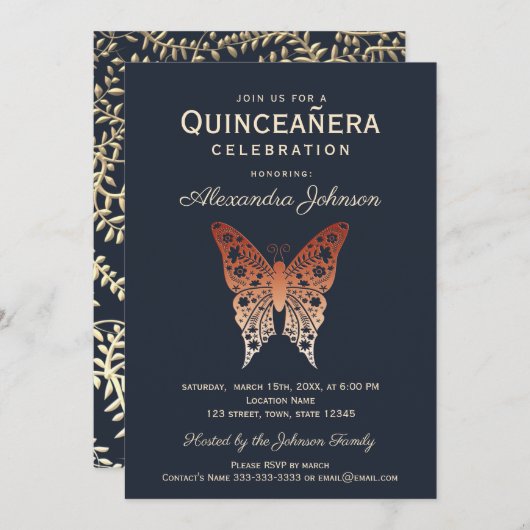 Quinceanera 15e verjaardag Navy en Roos Gold Kaart (Voorkant / Achterkant)