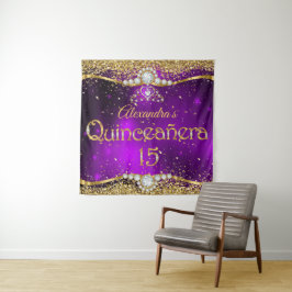 Quinceanera 15e verjaardag paarse gouden confetti wandkleed