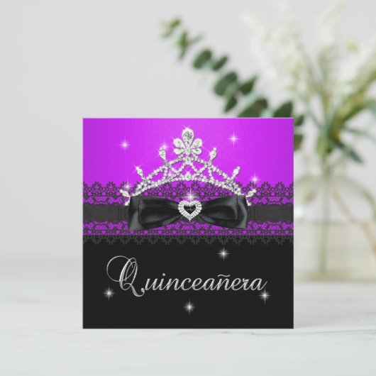 Quinceanera 15e verjaardag Paarse Zwarte Lace Kaart (Staand voorkant)