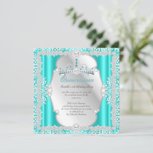 Quinceanera 15e verjaardag Pearl Blauwgroen Silver Kaart (Staand voorkant)