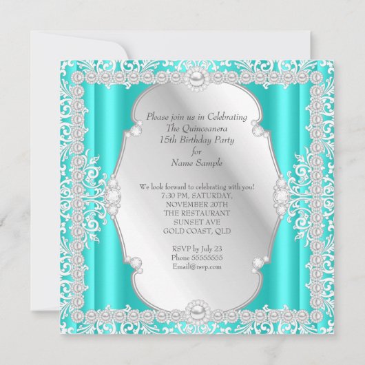 Quinceanera 15e verjaardag Pearl Blauwgroen Silver Kaart (Achterkant)