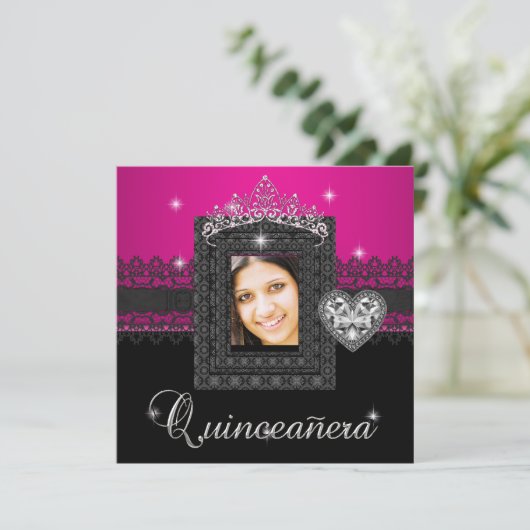 Quinceanera 15e verjaardag Pink Black Lace 3 Kaart (Staand voorkant)