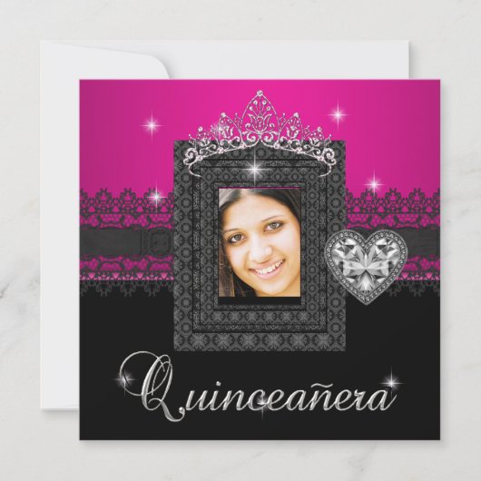 Quinceanera 15e verjaardag Pink Black Lace 3 Kaart (Voorkant)