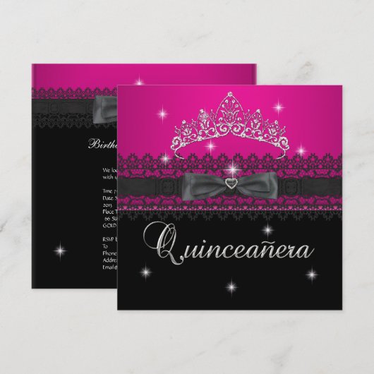 Quinceanera 15e verjaardag Pink Black Lace 4 Kaart (Voorkant / Achterkant)