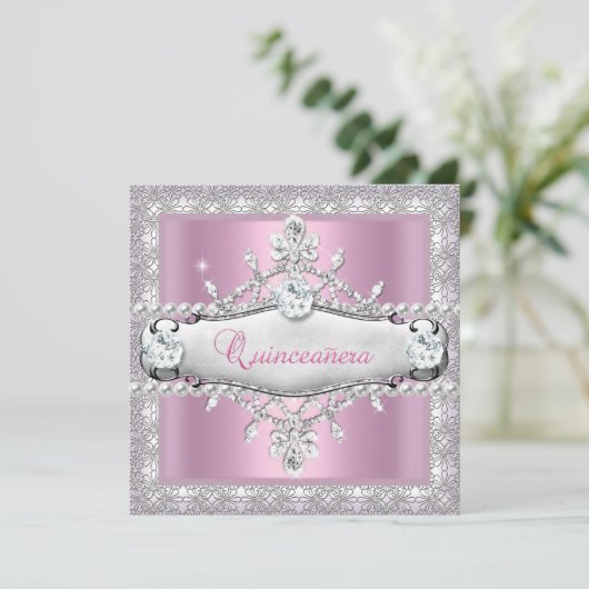 Quinceanera 15e verjaardag Pink Diamond Tiara Kaart (Staand voorkant)