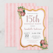 Quinceanera 15e verjaardag Pink Floral Gold Glitte Kaart (Voorkant / Achterkant)