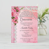 Quinceanera 15e verjaardag Pink Roses Tiara Kaart (Staand voorkant)