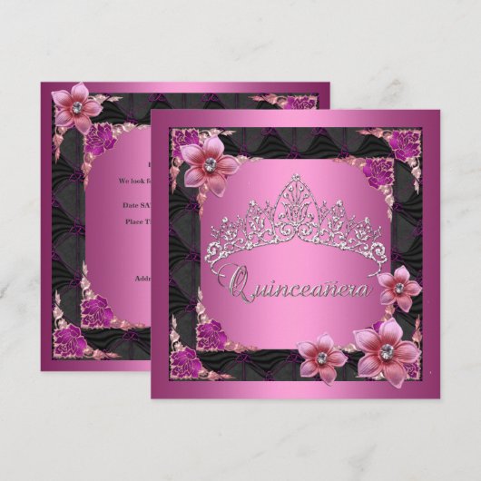 Quinceanera 15e verjaardag Pink Tiara Black Kaart (Voorkant / Achterkant)