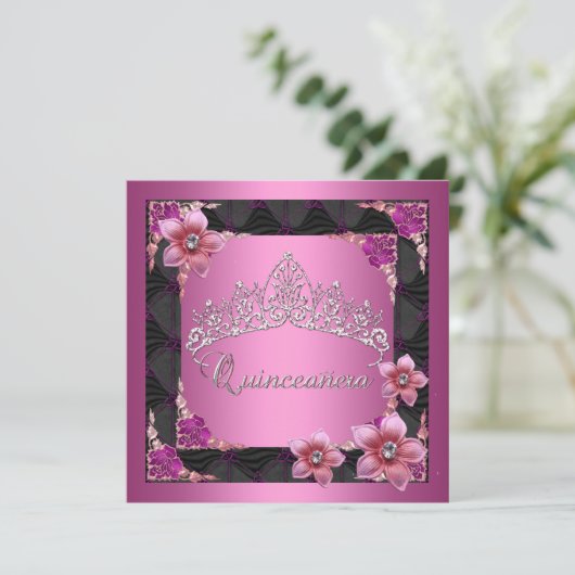 Quinceanera 15e verjaardag Pink Tiara Black Kaart (Staand voorkant)