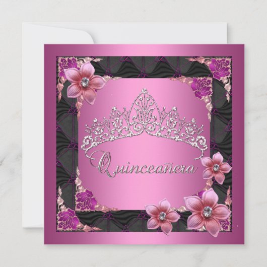 Quinceanera 15e verjaardag Pink Tiara Black Kaart (Voorkant)