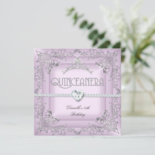 Quinceanera 15e verjaardag Pink Tiara Silver Kaart (Staand voorkant)