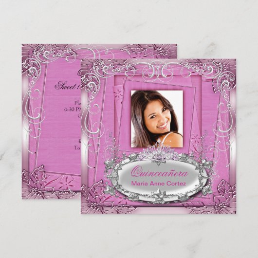 Quinceañera 15e verjaardag Pink White Silver Tiara Kaart (Voorkant / Achterkant)