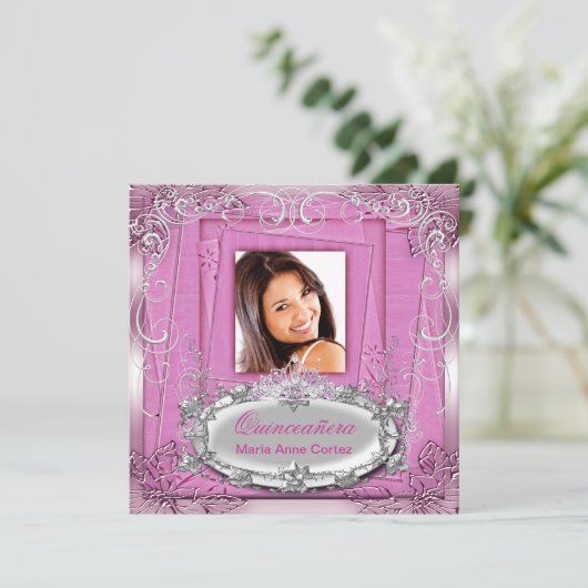Quinceañera 15e verjaardag Pink White Silver Tiara Kaart (Staand voorkant)