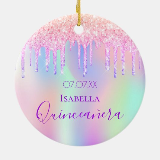 Quinceanera 15e verjaardag regenboog glitters roze keramisch ornament (Achterkant)