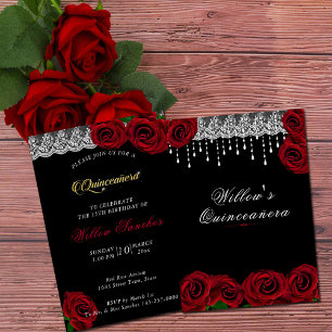 Quinceanera 15e verjaardag rode rozen witte kant kaart