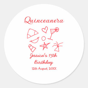 Quinceanera 15e verjaardag rode strandfeest boom z ronde sticker