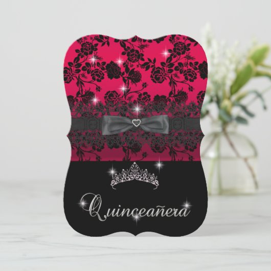 Quinceanera 15e verjaardag Rode Zwarte Lace Kaart (Staand voorkant)
