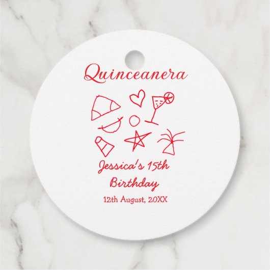 Quinceanera 15e verjaardag rood strand party boom  bedankjes labels (Achterkant)