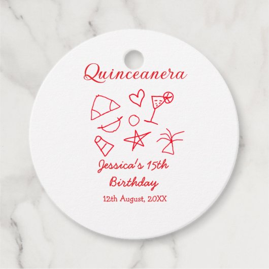 Quinceanera 15e verjaardag rood strand party boom bedankjes labels (Voorkant)