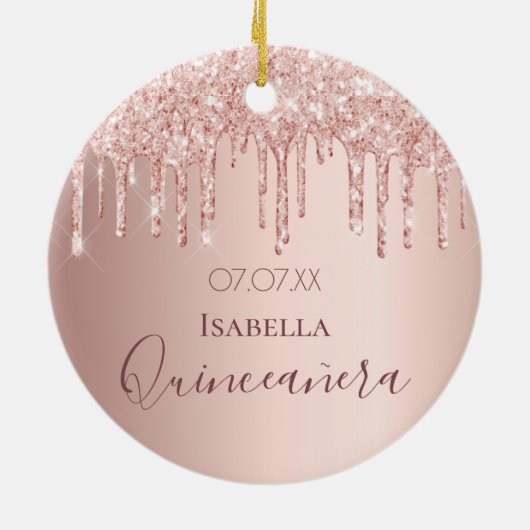 Quinceanera 15e verjaardag roos goud glitter roze keramisch ornament (Achterkant)