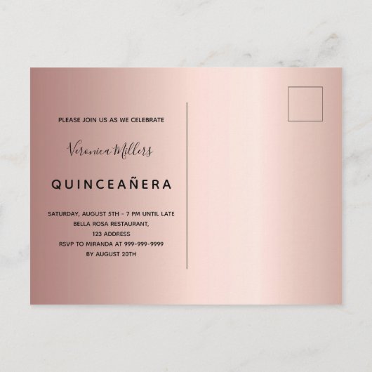 Quinceanera 15e verjaardag roos goud glitter roze uitnodiging briefkaart (Achterkant)