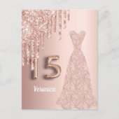 Quinceanera 15e verjaardag roos goud glitter roze uitnodiging briefkaart (Voorkant)