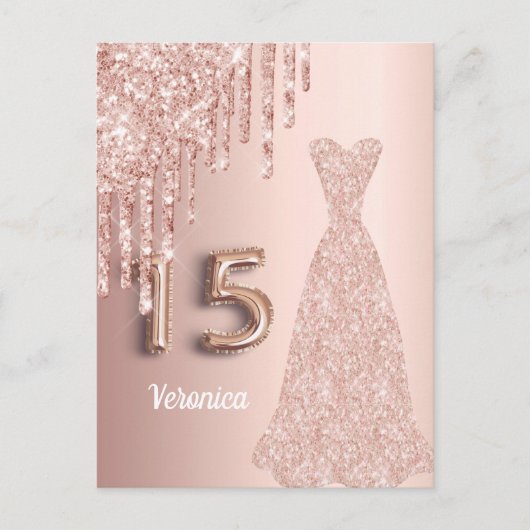 Quinceanera 15e verjaardag roos goud glitter roze uitnodiging briefkaart (Voorkant)