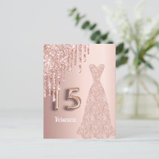 Quinceanera 15e verjaardag roos goud glitter roze uitnodiging briefkaart (Staand voorkant)